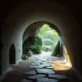 Arc hallway for secret overwatch habitation quarters carved inside a cave surrounding a lush garden