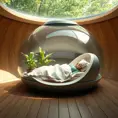 Futuristic sleeping relax pod, transparent orb, plants, natural daytime lighting, natural wooden environment, flat design, product-view