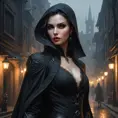 A mysterious, shadowy vampire assassin with skin as dark as coal and eyes that glow like lanterns in the night, lurking in the alleys of a fog-shrouded city.