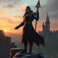 A fierce, battle-hardened vampire warrior with skin as tough as leather and eyes that blaze like hot coals, standing atop a ruined castle wall at sunset.