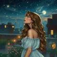 A captivating woman with long, wavy hair, gazing at the stars from a rooftop garden