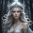 A mystical, moonlit forest queen with skin as pale as alabaster and hair as black as the night sky, surrounded by a halo of ethereal mist.