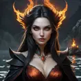 A powerful, ancient vampire sorceress with eyes that burn like embers and skin that seems to shift and ripple like the surface of a dark, mystical lake.