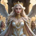 A beautiful, otherworldly vampire queen with skin as pale as snow and hair as bright as the golden sun, surrounded by a retinue of ghostly, winged attendants.