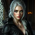 Alluring matte portrait of the beautiful Ciri from the Witcher 3 in black leather