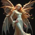 A delicate, porcelain-skinned vampire maiden with wings as transparent as glass and hair that flows like the golden threads of a spider's web.