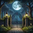 A beautiful digital illustration painting of a detailed gothic fantasy fireflies forest trees and iron gate cobblestone pathway vines full moon