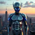 A stunning, futuristic vampire cyborg with skin that shimmers like the surface of a chrome-plated mirror and eyes that glow like hot blue LEDs, standing atop a skyscraper at dawn.