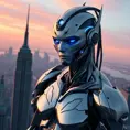 A stunning, futuristic vampire cyborg with skin that shimmers like the surface of a chrome-plated mirror and eyes that glow like hot blue LEDs, standing atop a skyscraper at dawn.