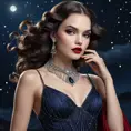 A seductive, 1920s-inspired vampire siren with a crimson lip and a flowing, beaded gown that shimmers like the stars in a midnight sky.