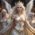 A beautiful, otherworldly vampire queen with skin as pale as snow and hair as bright as the golden sun, surrounded by a retinue of ghostly, winged attendants.