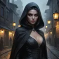 A mysterious, shadowy vampire assassin with skin as dark as coal and eyes that glow like lanterns in the night, lurking in the alleys of a fog-shrouded city.