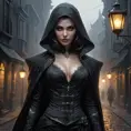 A mysterious, shadowy vampire assassin with skin as dark as coal and eyes that glow like lanterns in the night, lurking in the alleys of a fog-shrouded city.