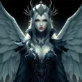 A beautiful, otherworldly vampire queen with skin as pale as snow and hair as bright as the golden sun, surrounded by a retinue of ghostly, winged attendants.