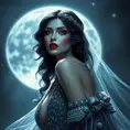 A seductive, 1920s-inspired vampire siren with a crimson lip and a flowing, beaded gown that shimmers like the stars in a midnight sky.