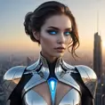 A stunning, futuristic vampire cyborg with skin that shimmers like the surface of a chrome-plated mirror and eyes that glow like hot blue LEDs, standing atop a skyscraper at dawn.