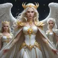 A beautiful, otherworldly vampire queen with skin as pale as snow and hair as bright as the golden sun, surrounded by a retinue of ghostly, winged attendants.