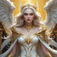 A beautiful, otherworldly vampire queen with skin as pale as snow and hair as bright as the golden sun, surrounded by a retinue of ghostly, winged attendants.