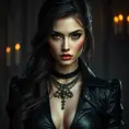 Alluring matte portrait of the beautiful romanian vampire woman in black leather, red eyes