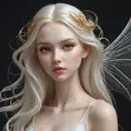 A delicate, porcelain-skinned vampire maiden with wings as transparent as glass and hair that flows like the golden threads of a spider's web.