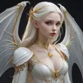 A delicate, porcelain-skinned vampire maiden with wings as transparent as glass and hair that flows like the golden threads of a spider's web.