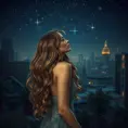 A captivating woman with long, wavy hair, gazing at the stars from a rooftop garden