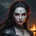 A powerful, ancient vampire sorceress with eyes that burn like embers and skin that seems to shift and ripple like the surface of a dark, mystical lake.