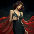 A seductive, 1920s-inspired vampire siren with a crimson lip and a flowing, beaded gown that shimmers like the stars in a midnight sky.