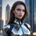 A stunning, futuristic vampire cyborg with skin that shimmers like the surface of a chrome-plated mirror and eyes that glow like hot blue LEDs, standing atop a skyscraper at dawn.