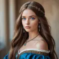 A gorgeous woman inspired by the Renaissance era, with long, straight brown hair and piercing blue eyes