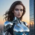 A stunning, futuristic vampire cyborg with skin that shimmers like the surface of a chrome-plated mirror and eyes that glow like hot blue LEDs, standing atop a skyscraper at dawn.