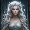 A mystical, moonlit forest queen with skin as pale as alabaster and hair as black as the night sky, surrounded by a halo of ethereal mist.