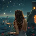 A captivating woman with long, wavy hair, gazing at the stars from a rooftop garden