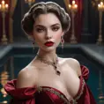 A sensual, 19th-century-inspired vampire courtesan with a ruby-red lip and a gown that seems to shimmer and shine like the surface of a still, dark pool.