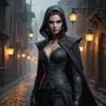 A mysterious, shadowy vampire assassin with skin as dark as coal and eyes that glow like lanterns in the night, lurking in the alleys of a fog-shrouded city.