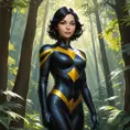 Cassandra Cain in a tranquil forest clearing, the sunlight filtering through the trees, her pose relaxed yet alert.