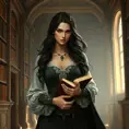 Yennefer in a grand library, her hands gently touching ancient books as she walks, the light from a nearby window casting a soft glow on her face