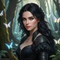 Yennefer in a mystical forest, surrounded by glowing fairies and ancient trees, her eyes reflecting the magical aura