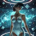 A2 in a virtual reality space, her form surrounded by floating geometric shapes and digital particles, symbolizing her connection to the digital world.