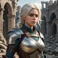 Ciri in a battle-worn armor, standing amidst the ruins of a once-great city, her expression resolute and determined