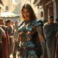 Kassandra in a bustling Greek marketplace, her armor glinting in the sunlight, interacting with various characters, showcasing her charismatic and warrior-like demeanor