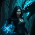 Yennefer in a dark, enchanted forest, her eyes glowing with magical energy as she confronts a mythical creature