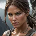 A dramatic close-up of Lara Croft, her eyes intense and focused, set against a stormy, rugged cliffside, emphasizing her resilience and determination.