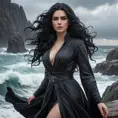 Yennefer in a dramatic, stormy sea setting, her hair and robes whipped by the wind as she stands on a rocky cliff