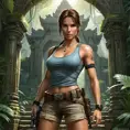 Lara Croft in a classic adventure pose, her iconic dual pistols drawn, standing before an ancient, ornate temple entrance hidden in a dense jungle.