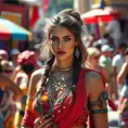 Kassandra in a vibrant, colorful festival in Greece, blending in with the joyous crowd, yet still maintaining her warrior's alertness