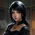 Cassandra Cain in a serene library setting, surrounded by ancient tomes, her eyes conveying a deep sense of wisdom and mystery.