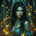 Yennefer in a mystical forest, surrounded by glowing fairies and ancient trees, her eyes reflecting the magical aura