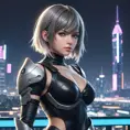 A stunning portrait of A2 from Nier Automata, set against a backdrop of a futuristic cityscape at dusk, with neon lights reflecting off her sleek, angular armor.