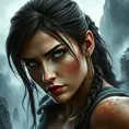 A dramatic close-up of Lara Croft, her eyes intense and focused, set against a stormy, rugged cliffside, emphasizing her resilience and determination.